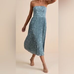 Lulus Slate Blue Jaquard Strapless Midi Dress